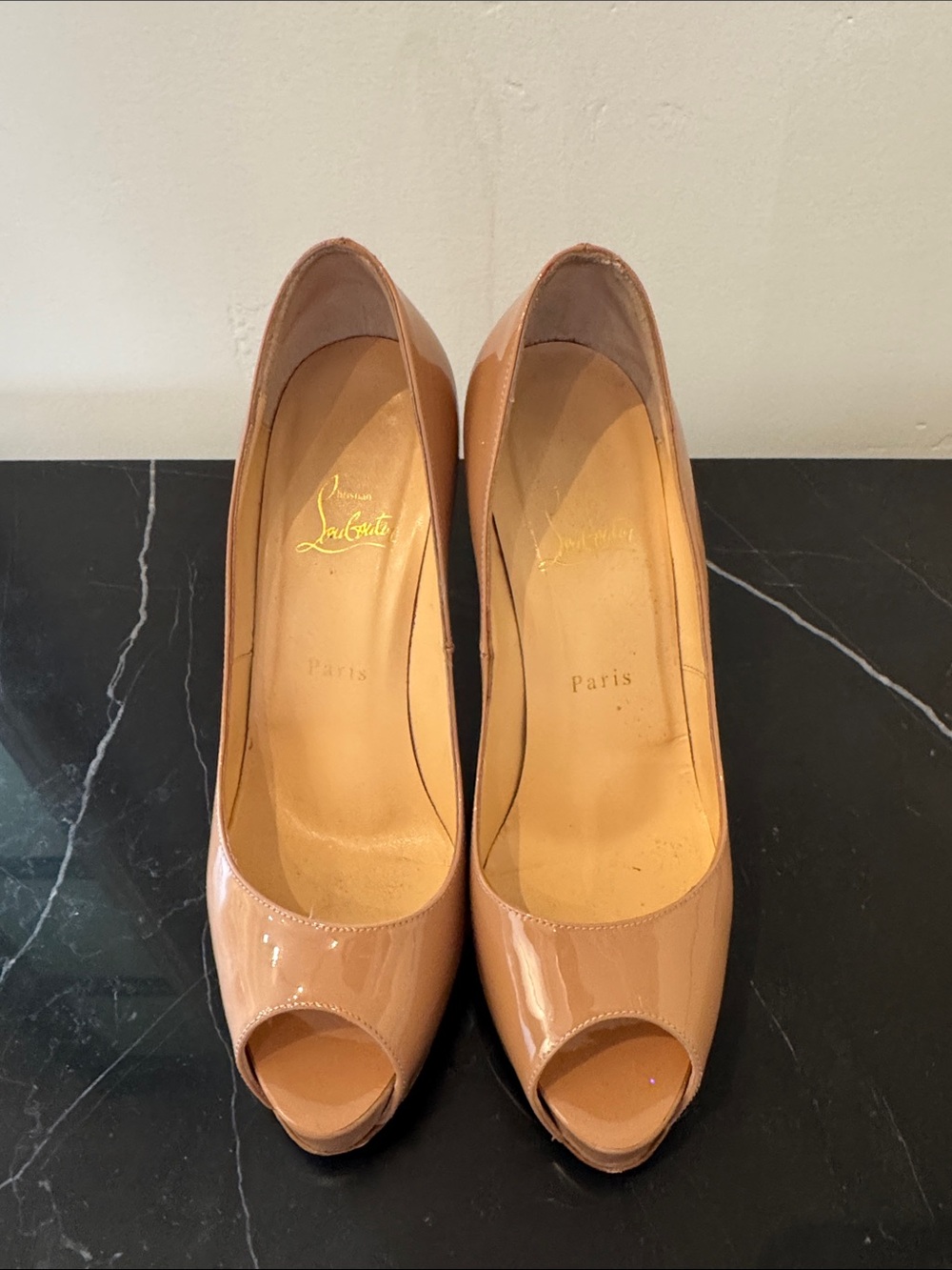 Christian Louboutin Beige Patent Peep-Toe Pumps 40